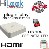 HIKVISION HILOOK CCTV-beveiligingssysteem, 4-kanaals DVR, 1 TB HDD, 4 x domecamera's voor buiten