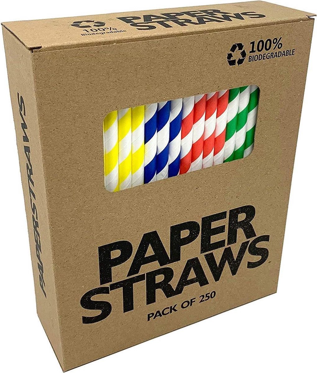 250 stuks 4 kleuren papieren rietjes gestreept 6mm x 200mm (FSC) / mixed colours paper straws - 100% afbreekbaar - Merkloos
