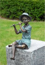 Tuinbeeld - bronzen beeld - Jongen met fluit - Bronzartes - 20 cm hoog