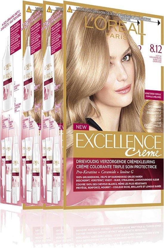 L'Oréal Haarverf – Excellence Creme nr. 8.12 Parelmoerblond -  Voordeelverpakking 3 Stuks | bol
