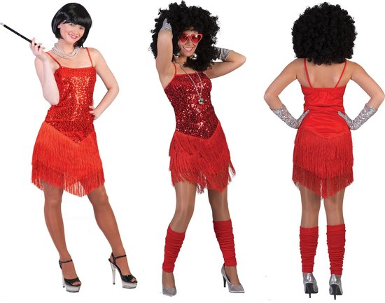 Funny Fashion - Glitter & Glamour Kostuum - Glitter Fancy Flapper Jurk Rood Vrouw - Rood - Maat 36-38 - Carnavalskleding - Verkleedkleding