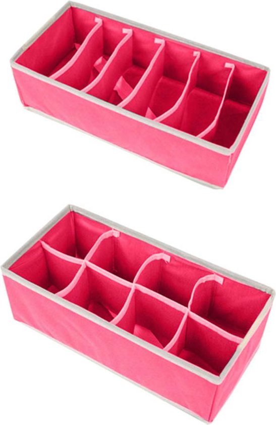 Twee roze opbergdozen met grijze randen, een met 5 vakken en een met 8 vakken.