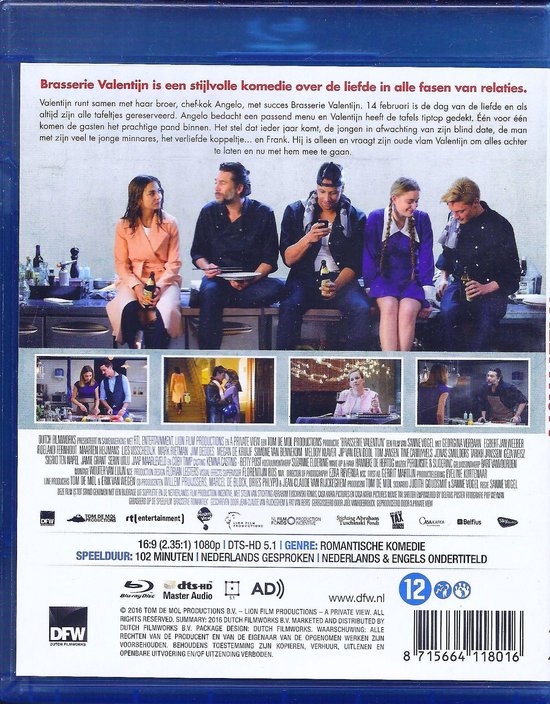 Achterkant van een Blu-ray hoes van Brasserie Valentijn met informatie en een scène uit de film.