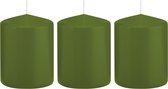 3x Olijfgroene cilinderkaarsen/stompkaarsen 6 x 8 cm 29 branduren - Geurloze kaarsen olijf groen - Woondecoraties