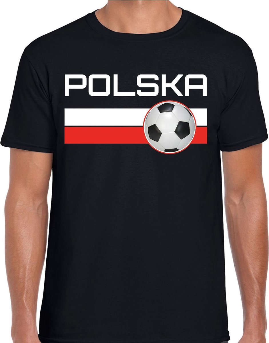 Polska / Polen voetbal / landen t-shirt met voetbal en Poolse vlag - zwart - heren - Polen landen shirt / kleding - EK / WK / Voetbal shirts S