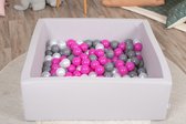 Ballenbak vierkant - grijs - 90x90x30 cm - met 150 wit, fuchsia en grijze ballen