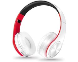 DrPhone Draadloze Bluetooth 5.0 Koptelefoon met 4 functies - SD kaart - FM - AUX - Handsfree Met Microfoon & Diepe Bass - Wit/Rood