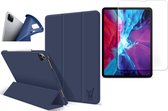 Hoes + Screenprotector geschikt voor iPad Pro 2020 12.9 inch - Smart Book Case Hoesje Donkerblauw
