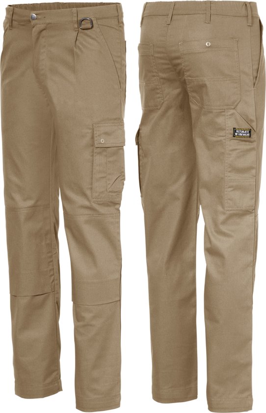 Pantalon de travail kaki en polycoton, vu de face et de dos, avec poches cargo.