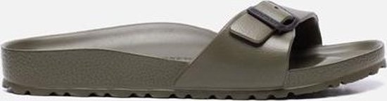 Olijfgroene Birkenstock slipper met één band en verstelbare gespsluiting.