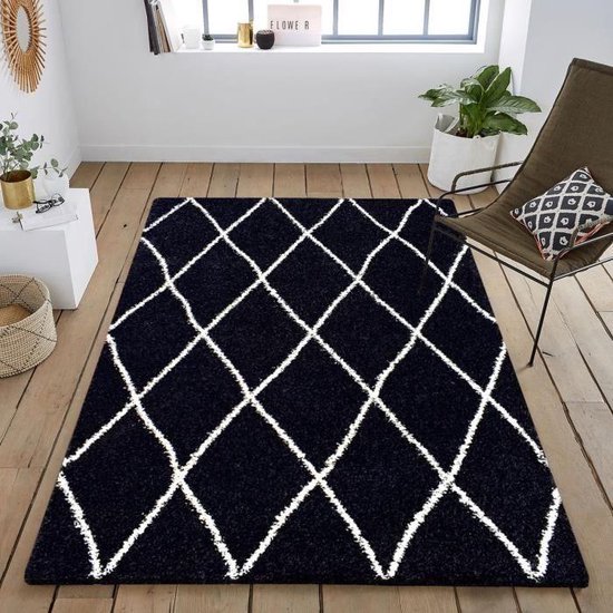 ASMA Shaggy woonkamer tapijt - Berber stijl - 230 cm Zwart - Geometrisch patroon bol.com