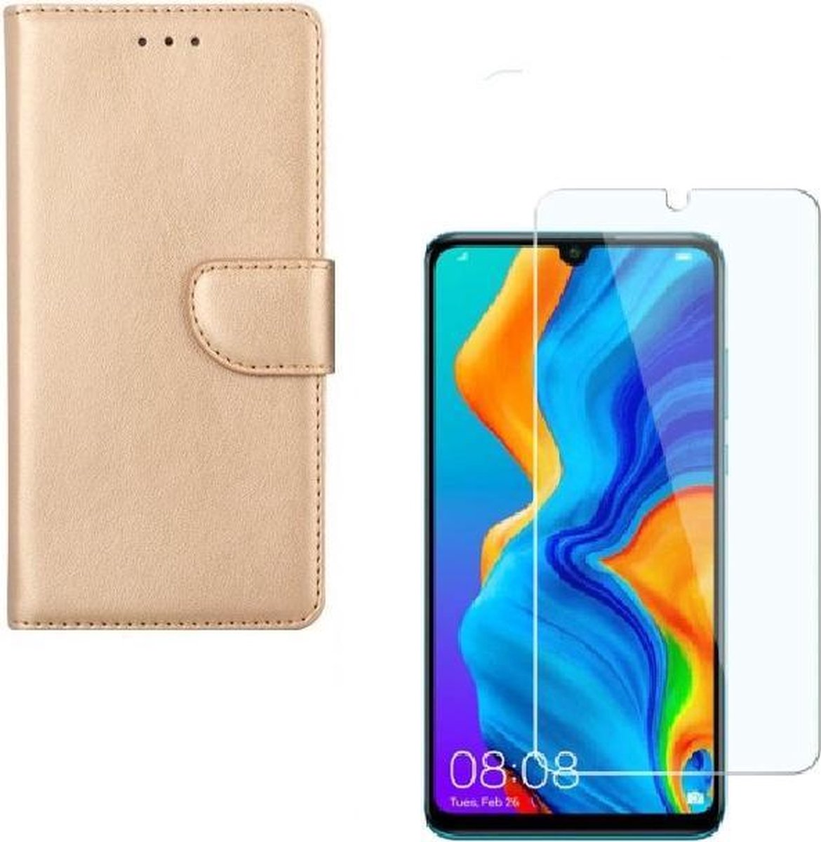 hoesje Geschikt voor: Huawei P30 Pro Portemonnee Goud met 2 stuks Glas Screen protector