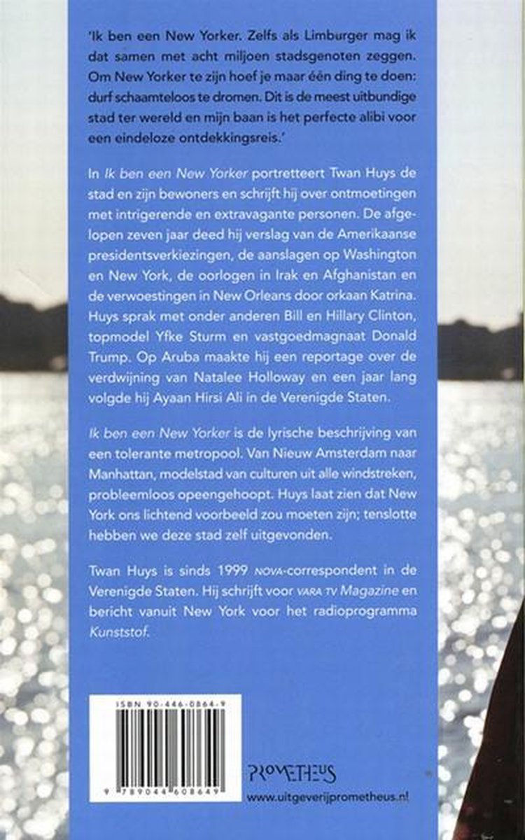 Achterkant van het boek 'Ik ben een New Yorker' met een korte beschrijving.