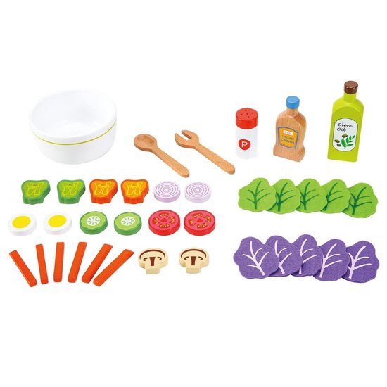 Woet® Houten Salade Set - "Maak Je Eigen Salade" Speelset met 30+ Accessoires - Rollenspel Speelgoedeten - Educatief Keukenspeelgoed - Vanaf 3 Jaar