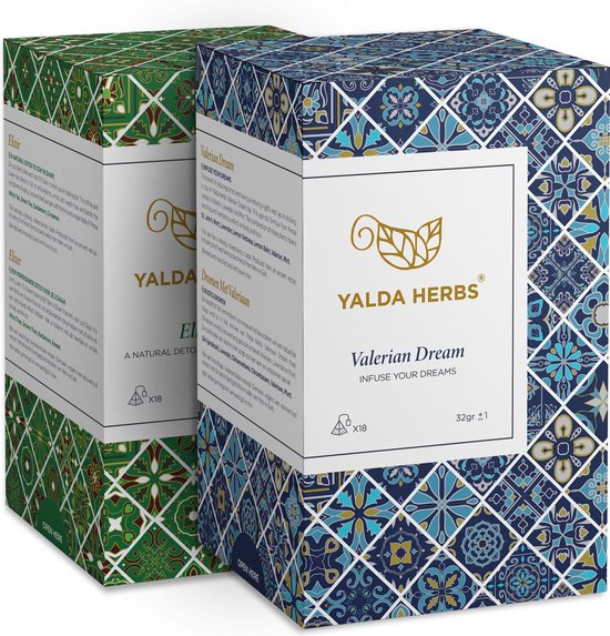 Combipack van Valerian thee en Elixir thee -2 Doosjes van Yalda Herbs Kruidenthee-36 PLA piramide Theezakjes