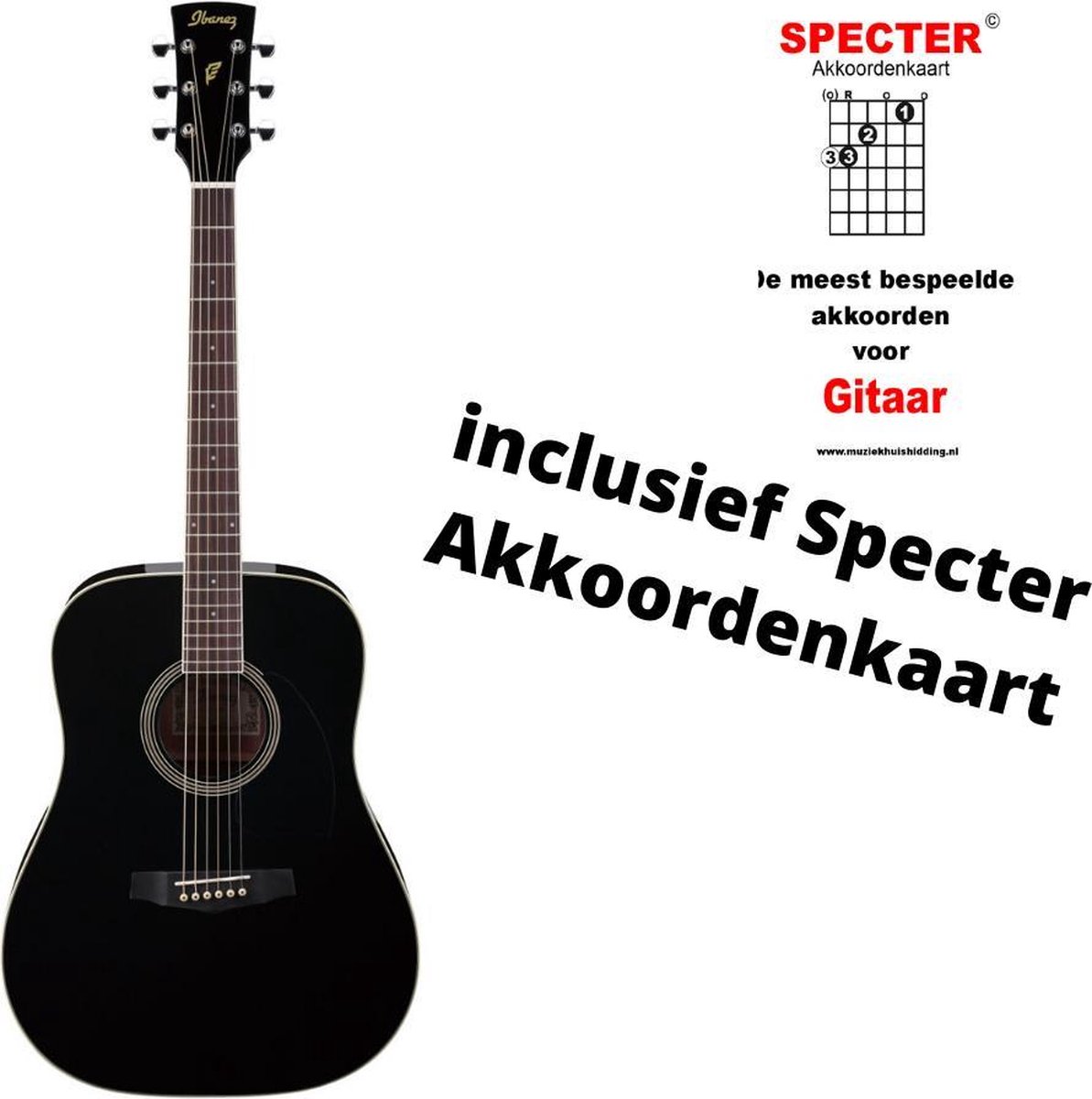 Ibanez akoestische zwarte gitaar met handige akkoordenkaart