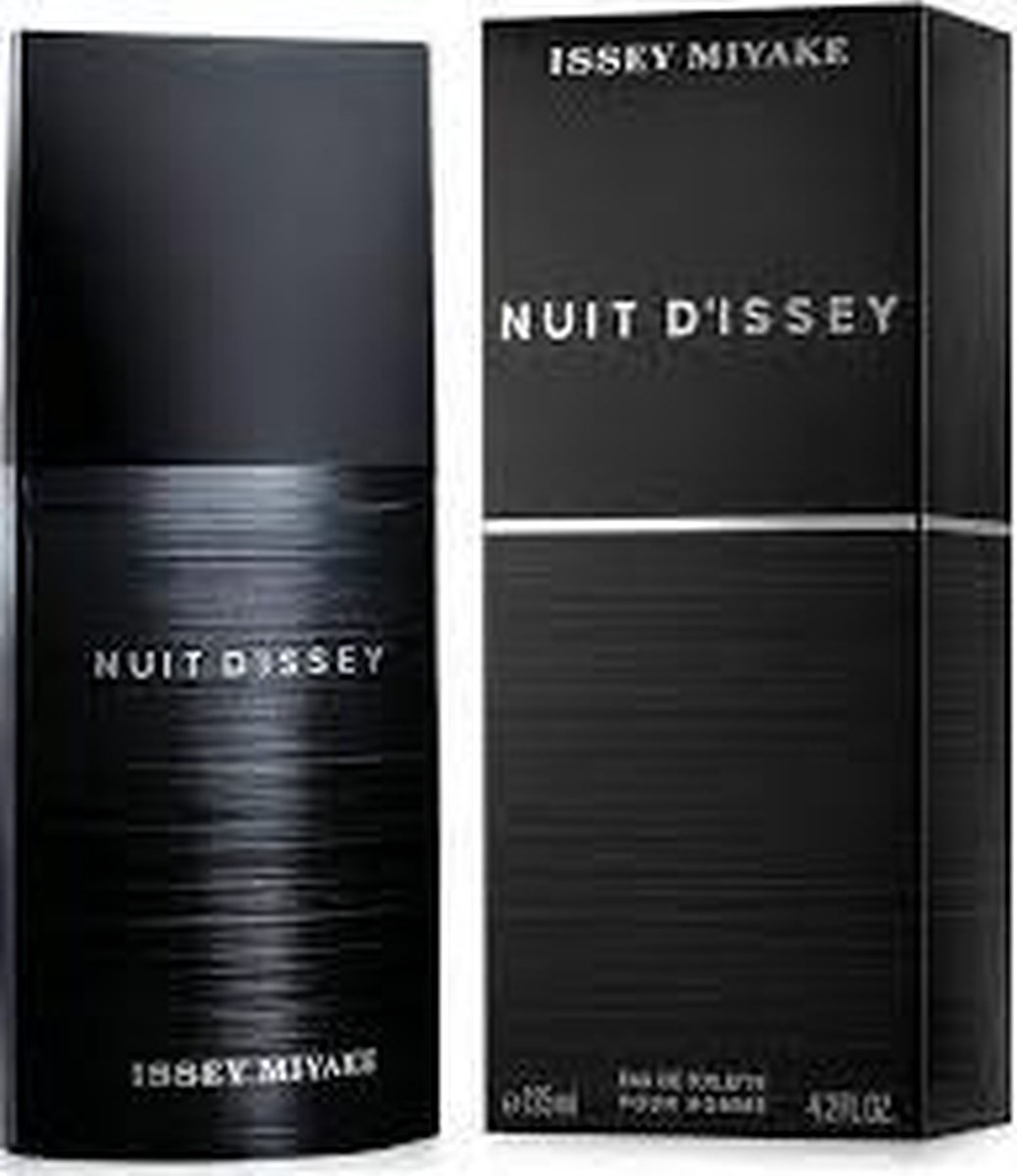 Issey Miyake Nuit D'Issey Eau de Toilette Pour Homme 125 ml. Zwarte fles met horizontale lijnen en zilveren tekst.