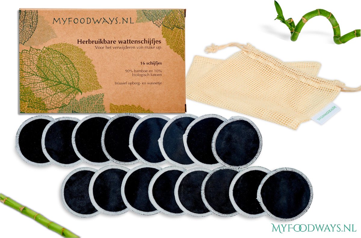 16x Zwarte Herbruikbare Wattenschijfjes – Bamboe - Inclusief Gratis Waszakje | Duurzaam Cadeau - Zero Waste | Wasbare Wattenschijfjes | Make Up Pads