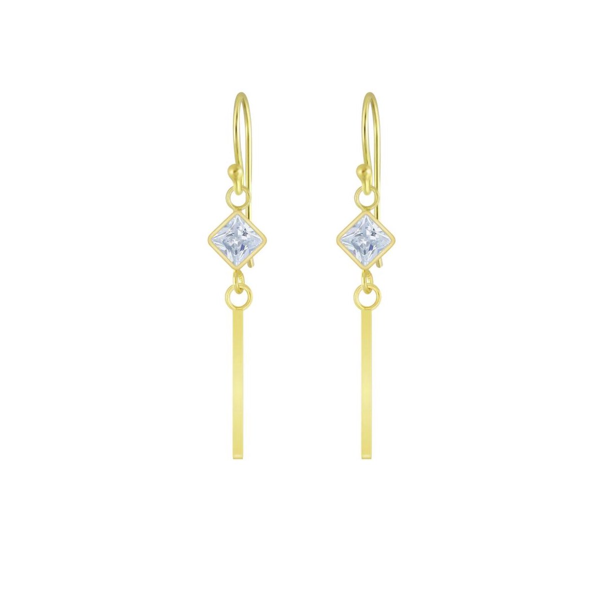 Joy|S - Zilveren zirkonia ruit oorbellen met bar (staaf) - gold plated