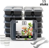 BB SELECT®|15 Meal Prep container bakjes met 3 compartimenten - vakken|BPA vrij| inclusief 2 roestvrij stalen (rvs) Sporks en 6 sausbakjes