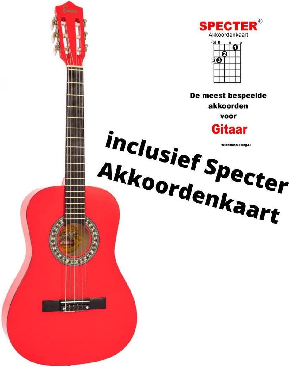 Klassieke gitaar 3/4 91cm Rood incl. Akkoordenkaart | Gitaartas | Gitaarband | Plectrums | Stemfluit | Zelfstudie DVD | Gitaarset