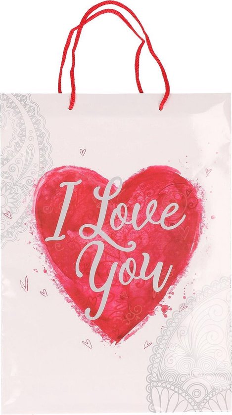 Valentijn cadeauverpakking tasje met rood hartje 34 x 25 cm - Valentijnsdag  cadeau tasjes | bol.com