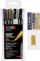 Posca PC-3M Marker set – Wit/zwart/goud/zilver + 3 vervangbare tips