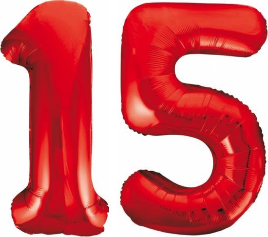 Folieballon 15 jaar rood 86cm