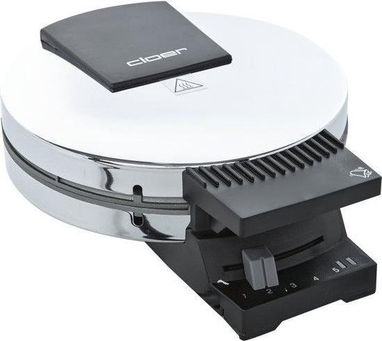 Chroomkleurig wafelijzer met zwart deksel, handvat en temperatuurregelaar.