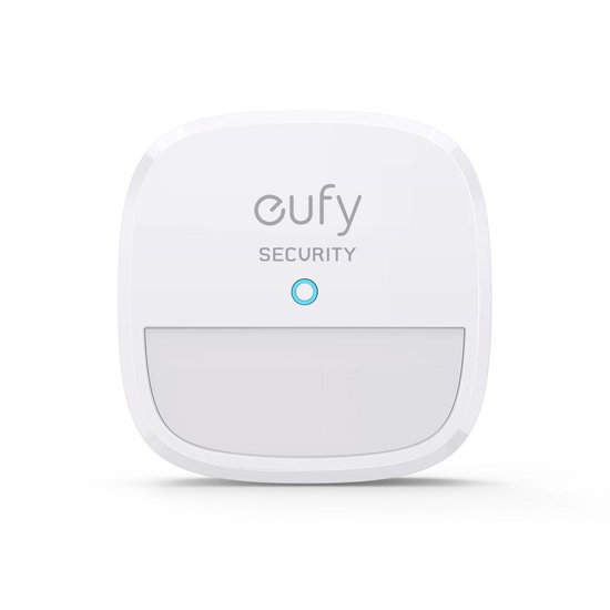 Witte Eufy bewegingssensor met een blauwe LED aan de voorzijde.