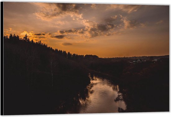 Dibond -Bos bij de Zonsondergang met Rivier- Foto op Aluminium (Wanddecoratie van metaal)