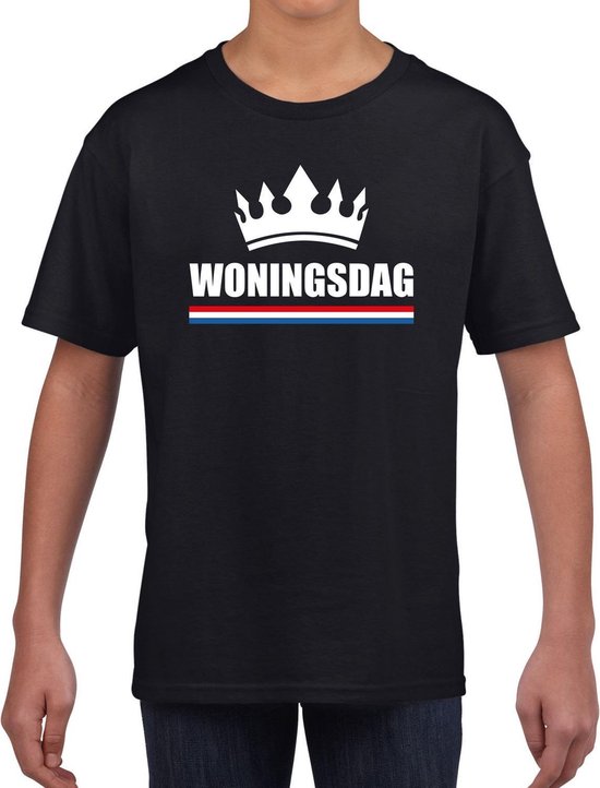 Koningsdag t-shirt Woningsdag met witte kroon voor jongens en meisjes - zwart - Woningsdag - thuisblijvers / Kingsday thuis vieren 134/140