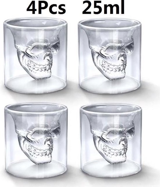 Shotglas Skull - Doodskop - Shotglazen - Borrelglas - Borrelglazen - Glas - 25 ML - Shot glaasjes - Skull Glass - Schedel - Shot - Drank - Set van 4 STUKS