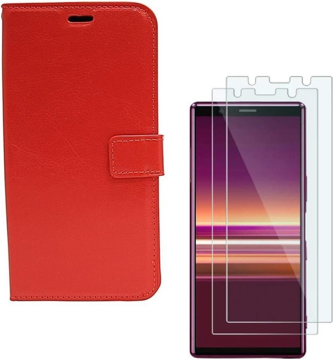 Sony Xperia 5 Portemonnee hoesje rood met 2 stuks Glas Screen protector