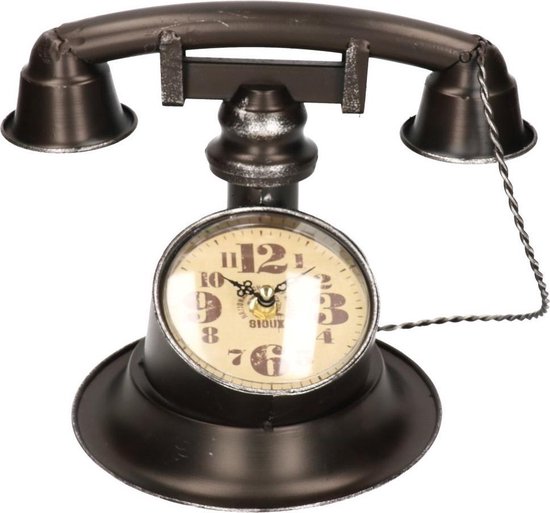 Horloge de table ancienne forme de téléphone marron / métal noir 21 cm -  Décoration /... | bol.com