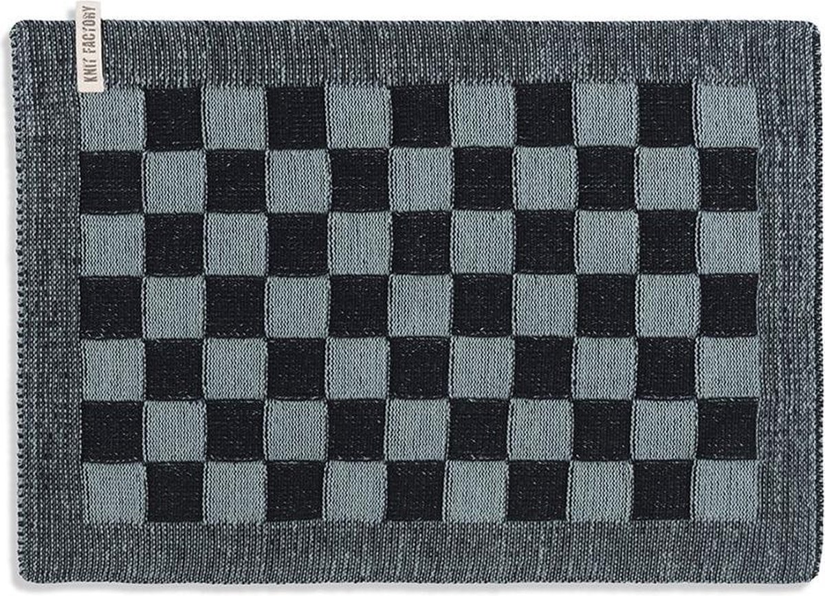 Knit Factory Gebreide Placemat - Onderlegger Block - Eetmat - Zwart/Stone Green - 50x30 cm
