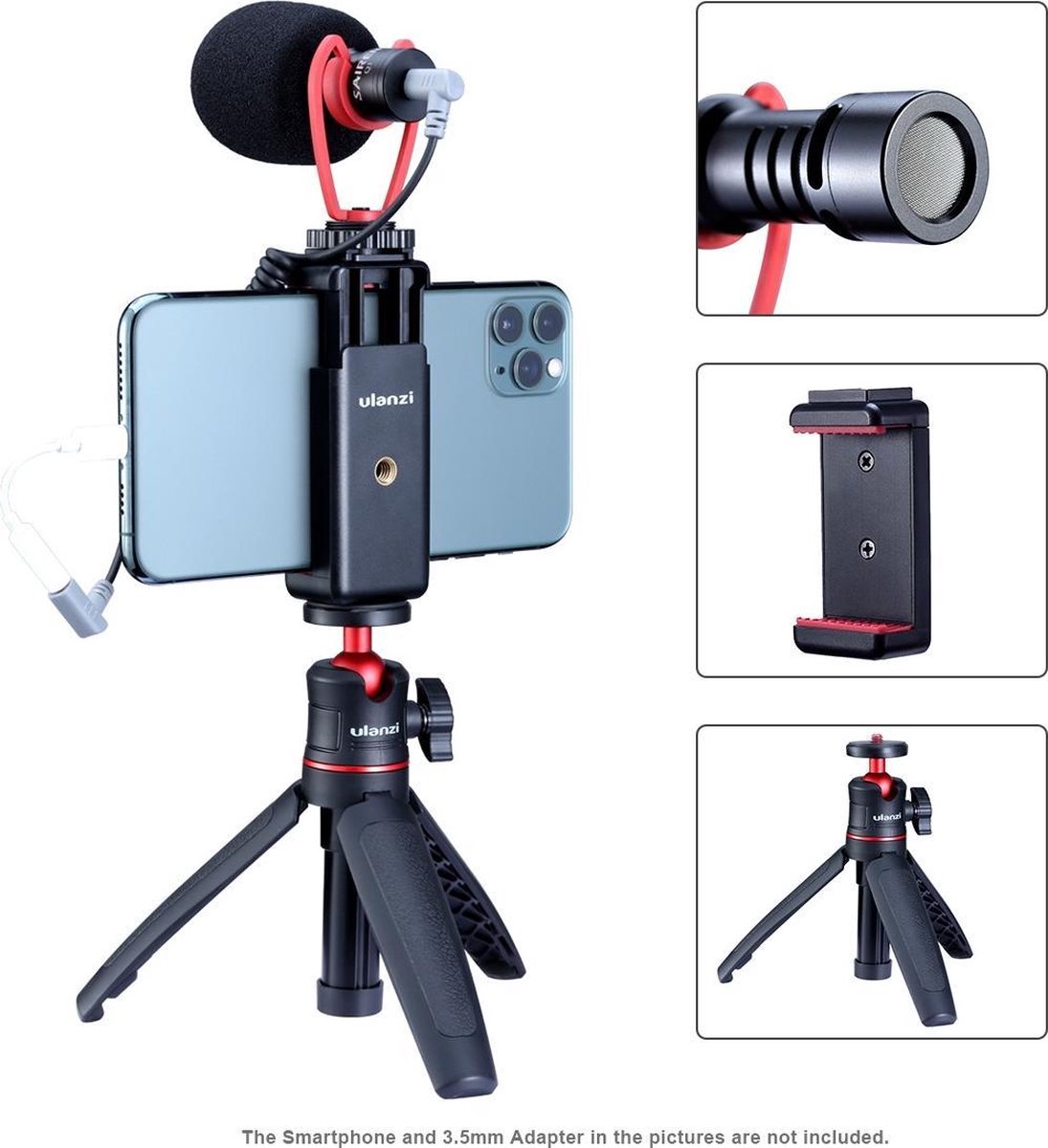 Ulanzi Smartphone Vlog KIT 2 - Selfiestick/Statief - Telefoonhouder & Microfoon - Universeel tot 8,2cm breed - 1/4 inch schroefaansluiting - 12cm hoog - Zwart/Rood
