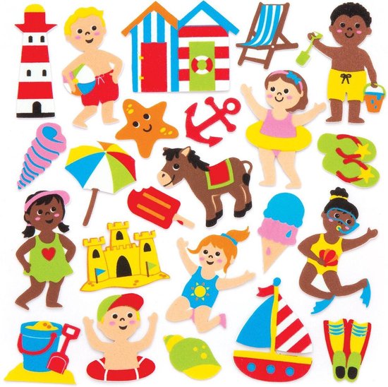 Baker Ross schuimrubber sticker “Op het strand” (120 stuks) – grappige schuimrubber stickers met strandmotieven voor collages en knutselwerk