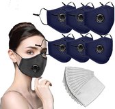 Set 6 Stuks Uitwasbare mondmasker mondkapje Katoen | blauw | Face Mask | Gezichtsmasker + 10 Filters