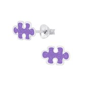 Joy|S - Zilveren puzzel oorbellen glitter paars puzzelstukje