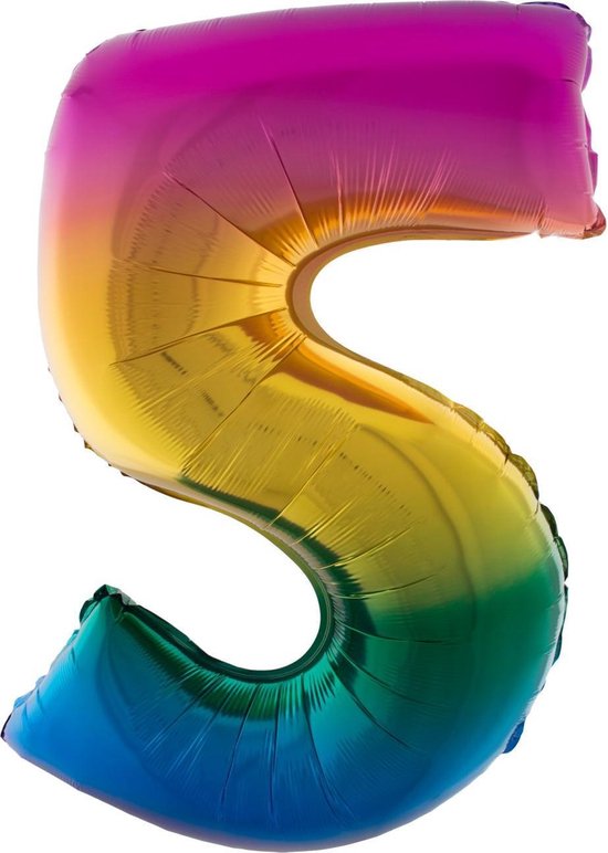 Cijferballon folie nummer 5 | Opblaascijfer 5 regenboog 102cm