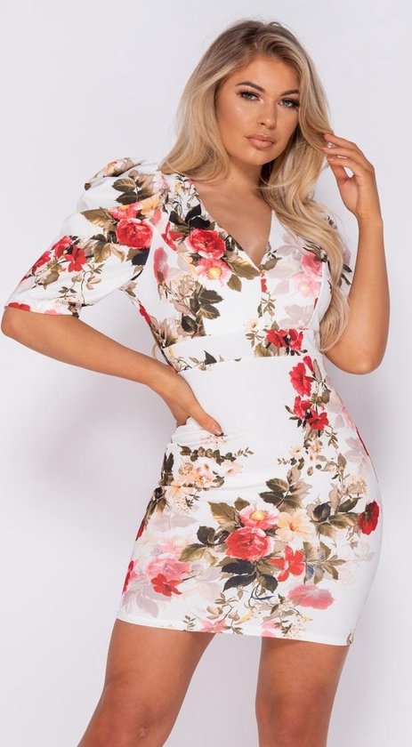 Floral Print Puffed Bodycon Mini Dress - Dames - Wit