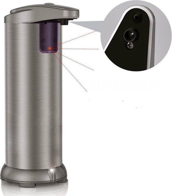 Zilverkleurige automatische zeepdispenser met paars indicatielampje en infrarood sensor.