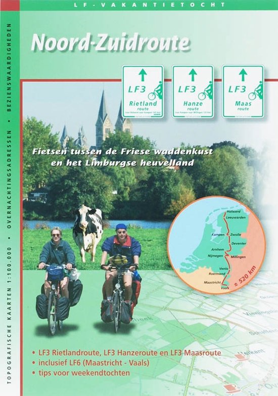 Fietsers op de fiets met de Noord-Zuidroute, met een kaart van Nederland en routebordjes.
