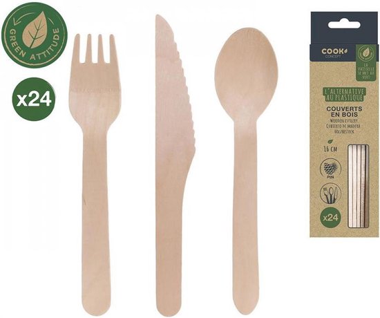 bol.com | Bestek acht-delig| 8 x 3 | mes lepel vork | hout | natuurlijk  duurzaam | picknick |...