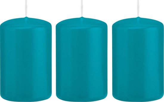 3x Turquoise blauwe cilinderkaarsen/stompkaarsen 5 x 8 cm 18 branduren - Geurloze kaarsen turkoois blauw - Woondecoraties