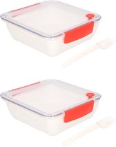2x Transparant/rode lunchboxen met vorkje 1000 ml - Voedselbewaar trommel/broodtrommel