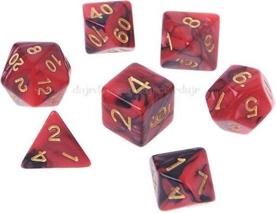 Afbeelding van het spel 7 delige set dobbelstenen voor Dungeon & Dragons (D&D) - Inclusief opbergzakje - Rode Polydice set