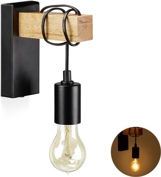 relaxdays wandlamp vintage - muurlamp industrieel - E27 retro - muur lamp - zwart - hout
