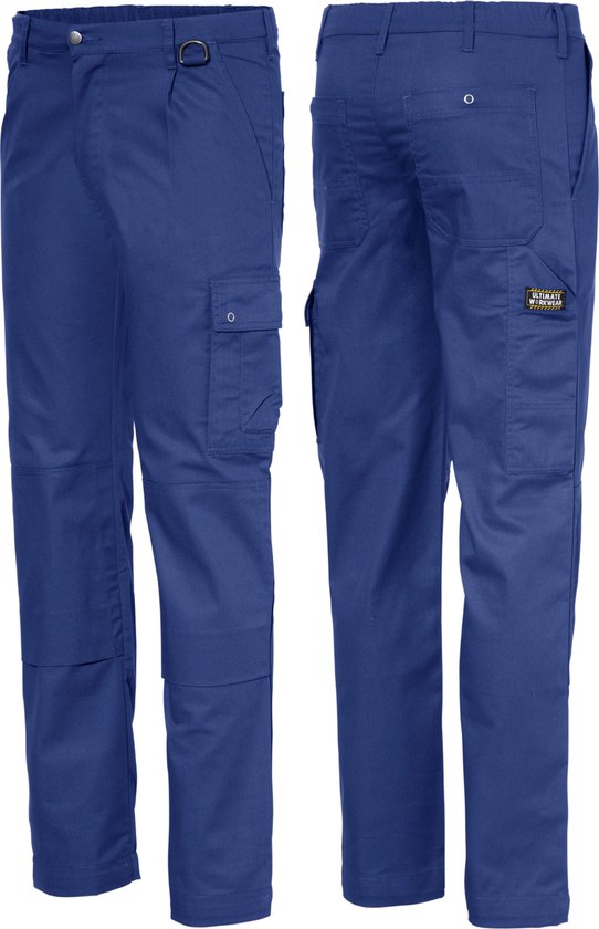 Pantalon de travail bleu Ultimate Workwear, présenté de face et de dos, avec poches cargo et renforts aux genoux.